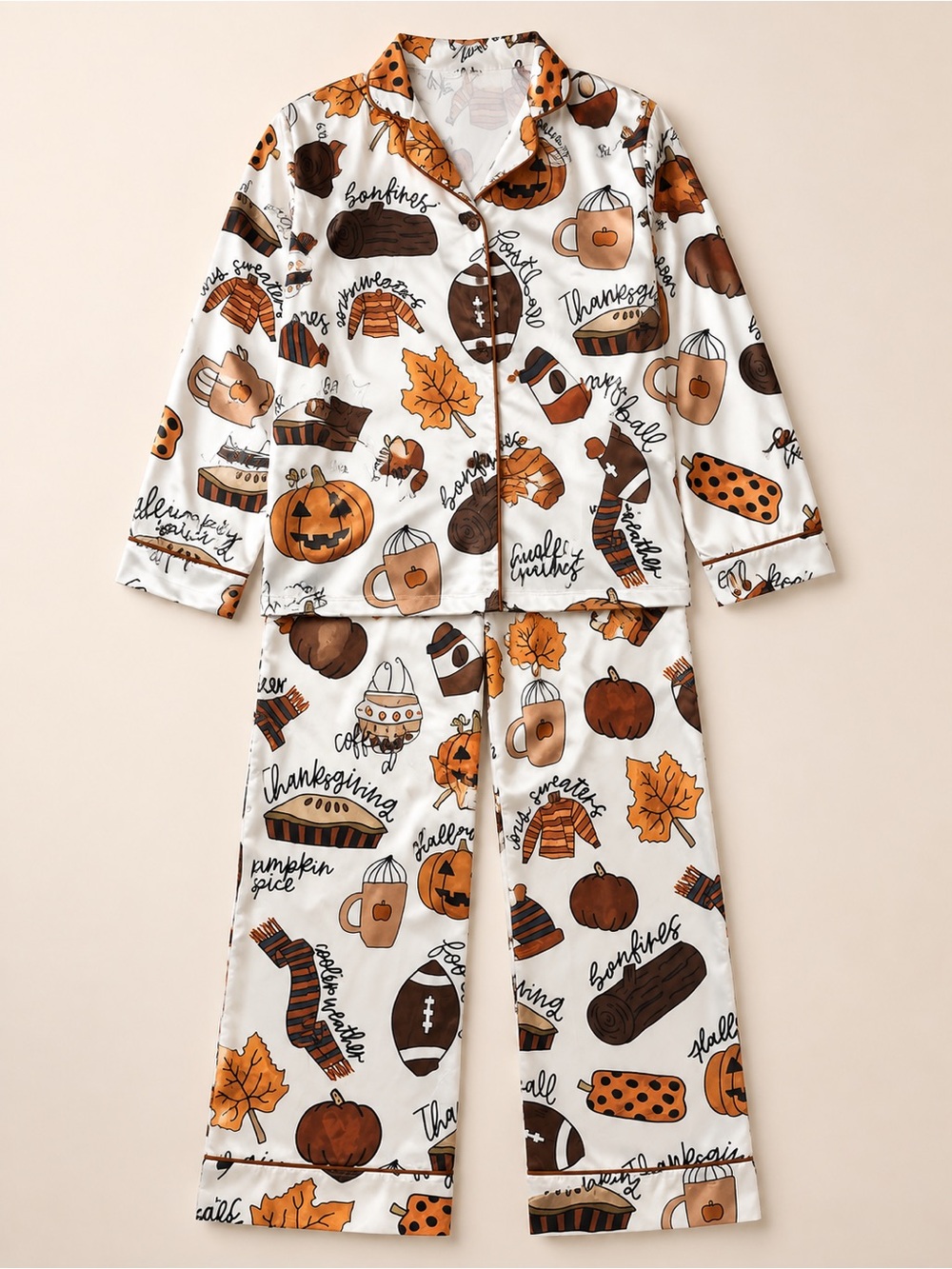 Sheshow NWT XS Fall Thanksgiving Satin Pajama Set Pumpkin Football - Picture 2 of 6